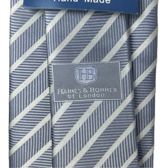 HAINES & BONNER Of London Handmade Silk Tie Blue and White Stripes. New - Picture 11 of 12